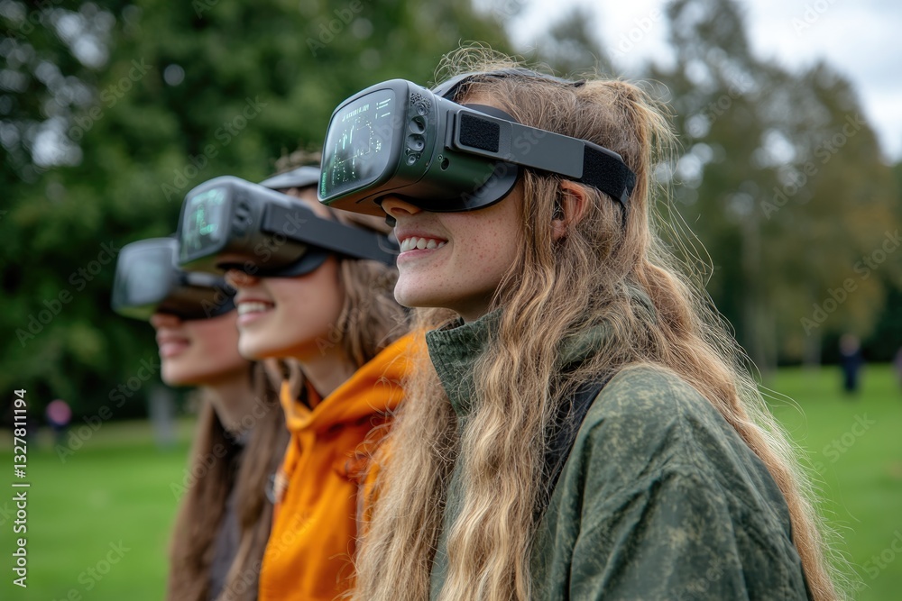 In a vibrant park setting, three young individuals engage in a virtual reality experience, smiling as they explore digital worlds while wearing headsets. Overcast skies add to the ambiance In a vibrant park setting, three young individuals engage in a virtual reality experience, smiling as they explore digital worlds while wearing headsets. Overcast skies add to the ambiance