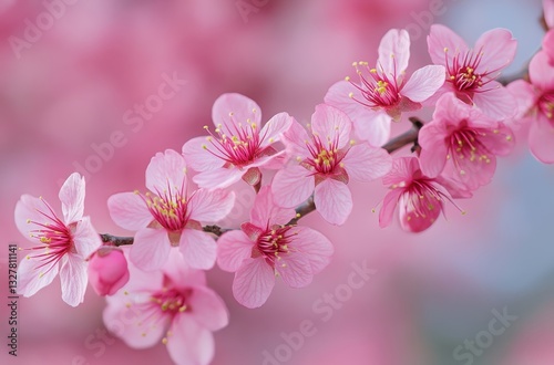 Beautiful Close-up of Cherry Blossom Flowers in Full Bloom with Pink Petals and Delicate Details against a Soft Blurred Background