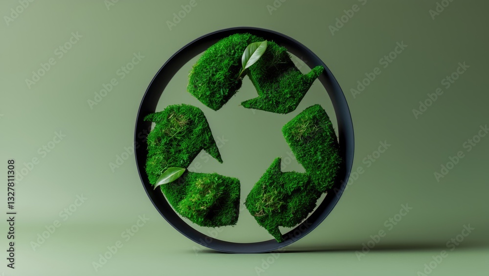 Fototapeta premium Green moss beneath a paper cut recycling symbol. Save planet, eco, recycling idea.