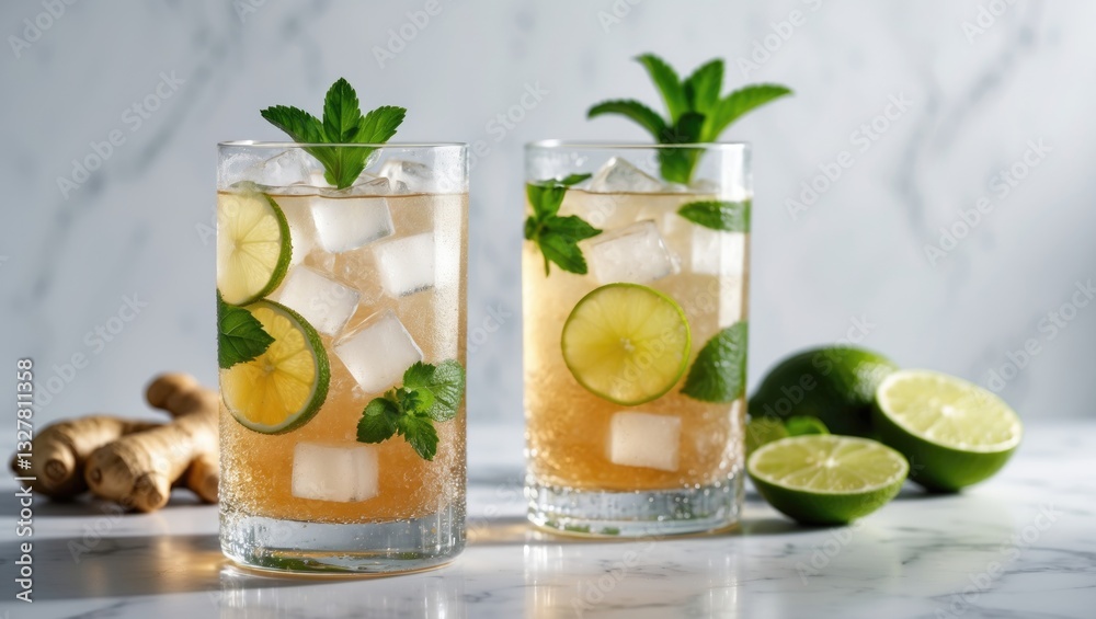 Glasses of refreshing ginger ale with ice cubes and ingredients on a white marble surface Glasses of refreshing ginger ale with ice cubes and ingredients on a white marble surface