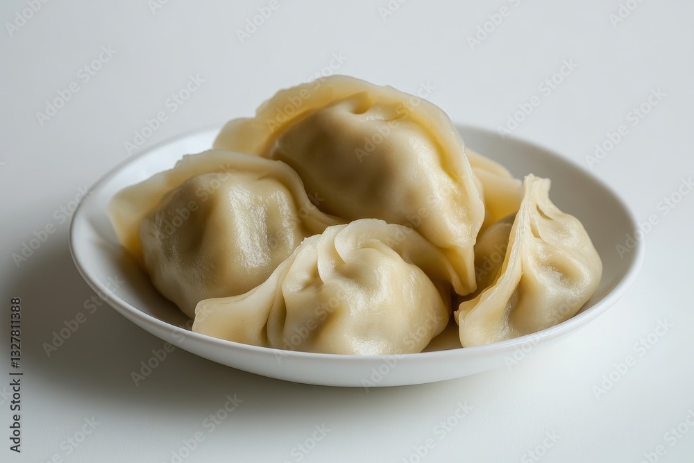 Steamed Dumplings Placed Neatly on White Plate with Soft Focus Background Steamed Dumplings Placed Neatly on White Plate with Soft Focus Background