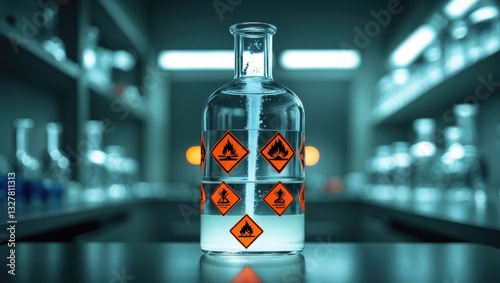 A glass bottle containing a liquid chemical that is highly flammable, acutely toxic, and presents a significant health hazard. Relevant hazard pictograms are displayed on the label. photo