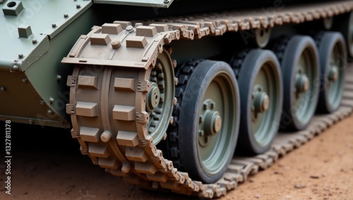 Parts of the hull of an armored old tank. Various tanks are positioned at the front and back of the tank. Closeup of parts. Military equipment in an outdoor open-air museum.