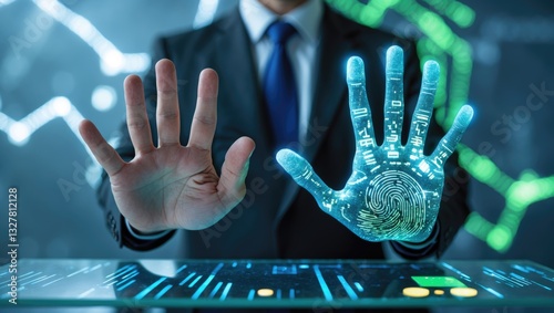 Businessman handprint pressing on control glass for biometric scanning. Concept of surveillance and security through human fingerprints in the future of digital technology.