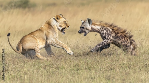 A lion and a hyena facing each other aggressively in grass