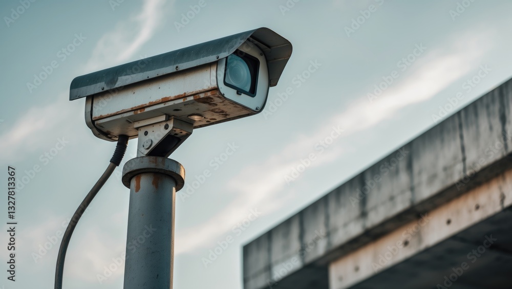 Old outdoor CCTV camera, security systems mounted on a pole with a background of the sky. Old outdoor CCTV camera, security systems mounted on a pole with a background of the sky.