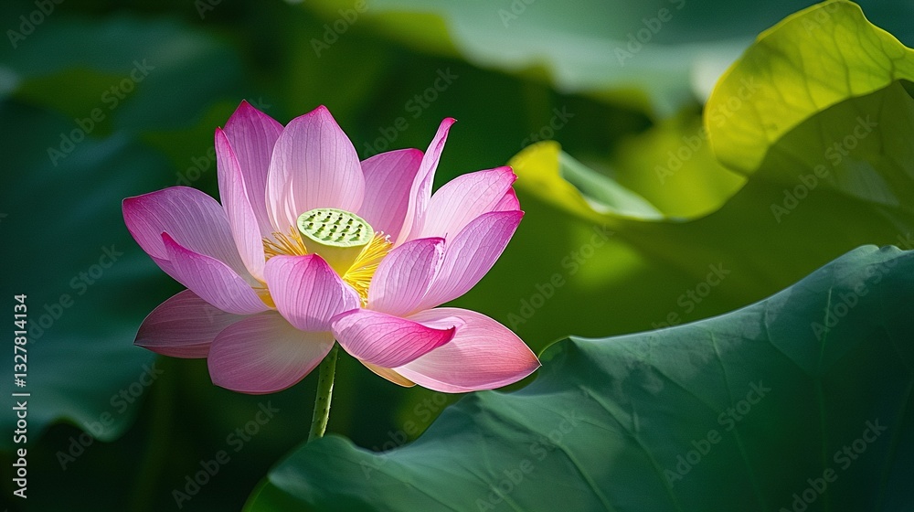 Obraz premium Pink lotus flower on lush green leaf-covered pond with water lilies and green leaves