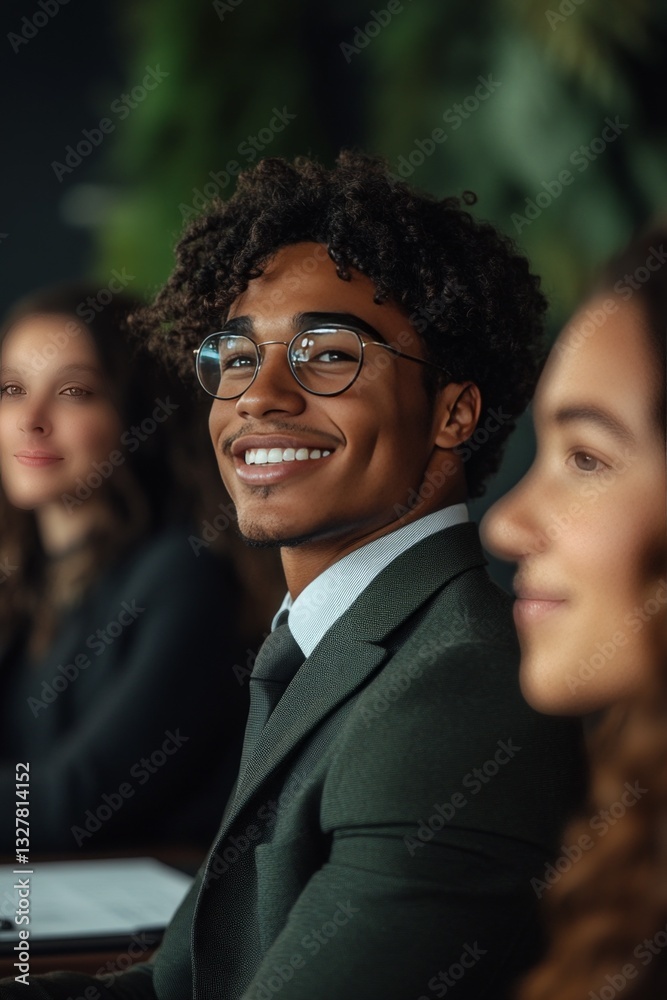 Smiling young Black man in a suit sits in a meeting. Smiling young Black man in a suit sits in a meeting.