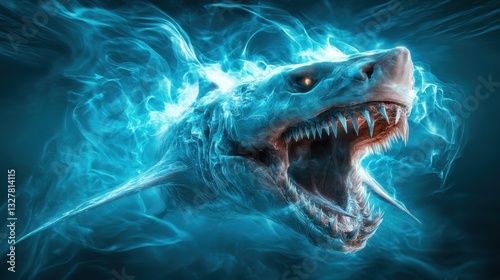 An imaginative and terrifying depiction of a ghostly shark with glowing features, showcasing its fierce mouth filled with sharp teeth, emerging from a mystical underwater abyss. photo