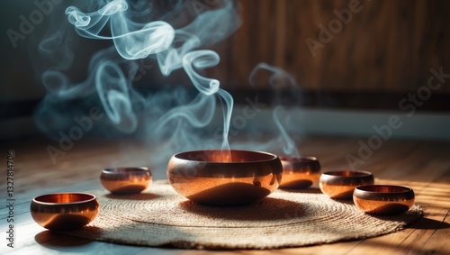 Tibetan singing bowl, An image of various singing bowls placed on a straw mat, Crop therapist administering sound therapy with singing bowls to a woman reclining comfortably.