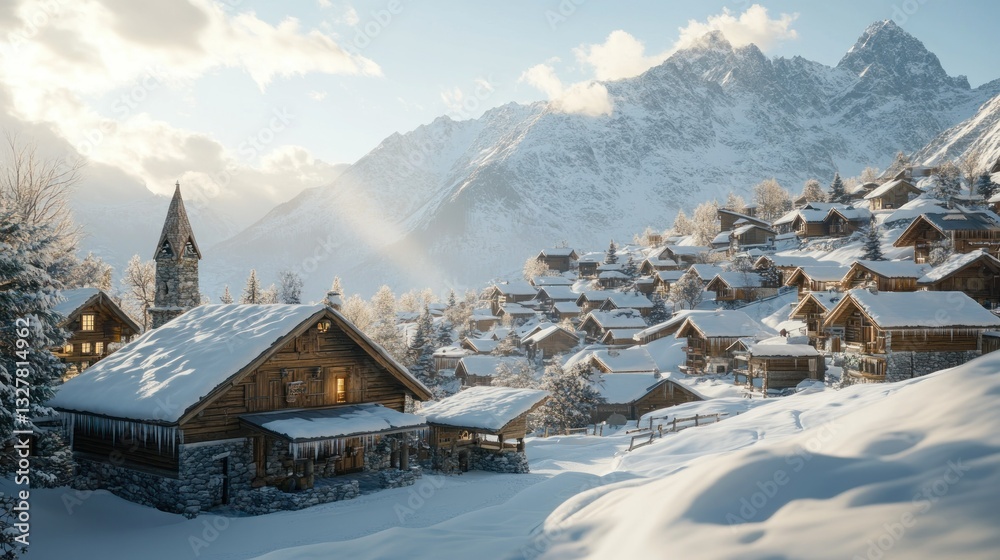 Fototapeta premium Snowy winter village nestled peacefully below vast majestic mountains