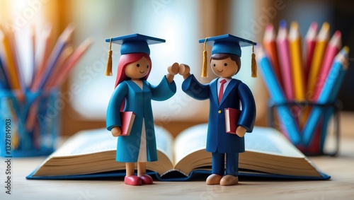 Back to School Theme, Two Individuals Signing Wood with Celebratory Caps on an Open Textbook Illustrating Alternative Learning. Graduate or Educational Knowledge Study Ideas.