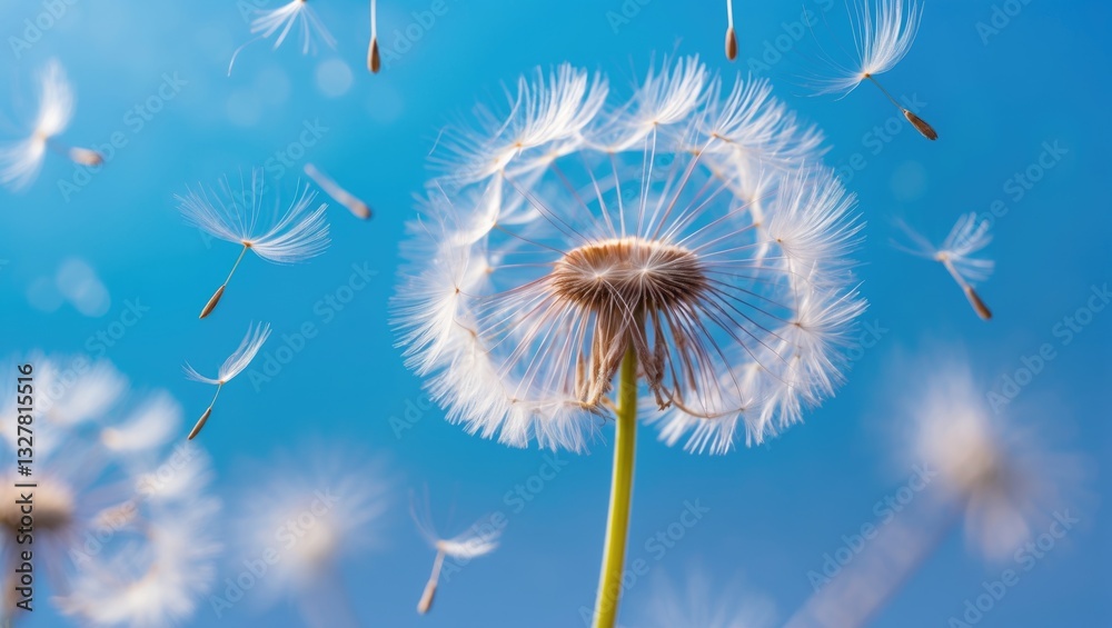 Obraz premium Macro dandelion against a blue backdrop. Freedom to Wish. Close-up of seeds. Concept of hope and dreaming. Fragility. Soft focus. Macro nature.