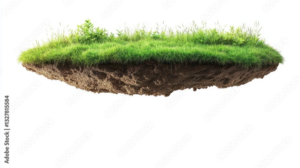 Fototapeta premium A floating patch of lush green grass with soil underneath, set against a white background, creating a surreal, whimsical effect.