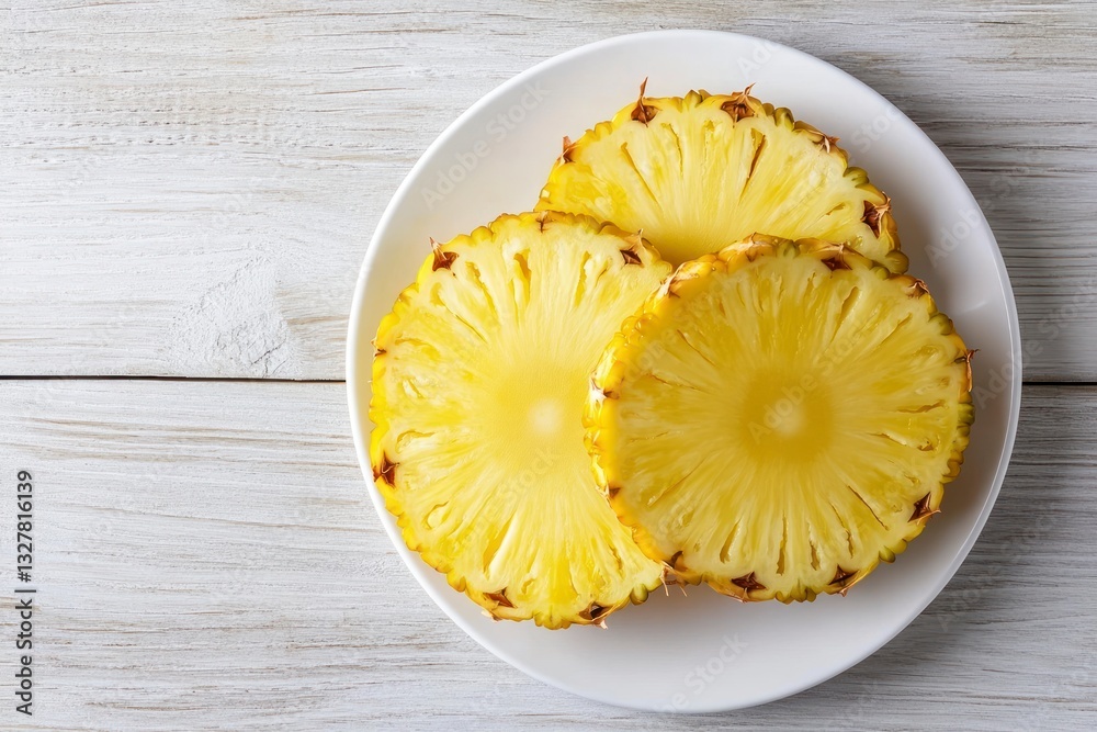 Fresh Pineapple Slices on Plate Overhead View for Healthy Eating Fresh Pineapple Slices on Plate Overhead View for Healthy Eating