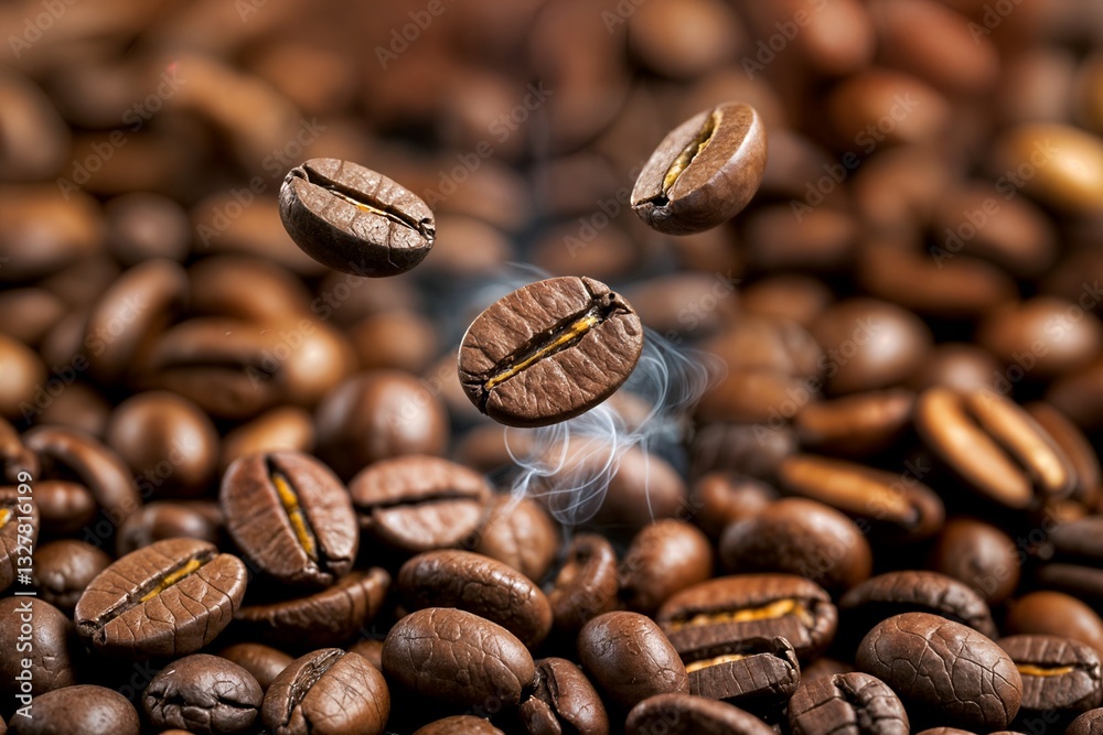 Fototapeta premium a close-up of coffee beans, with several of them appearing to be suspended in mid-air un primer plano de granos de café, varios de los cuales parecen suspendidos en el aire kahve