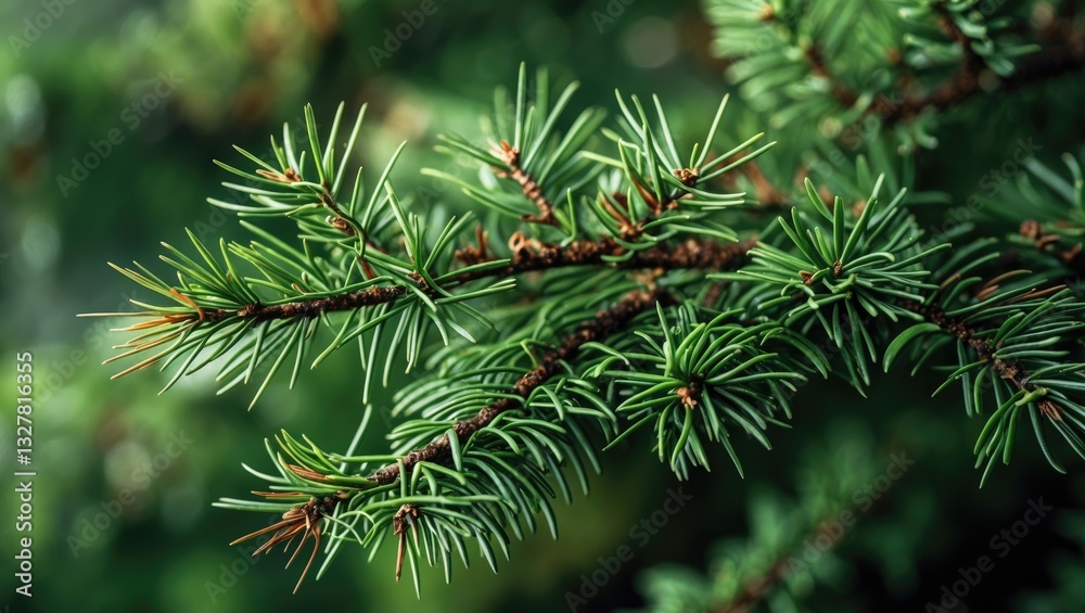 green branches of a pine tree close-up, coniferous tree short needles in detail on a green backdrop, texture of needles examined closely