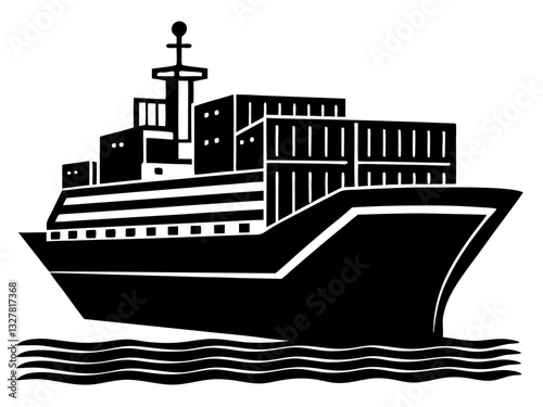 cargo ship black silhouette vector, Simple silhouette Design vector icon with white background. Water transportation vector illustration 