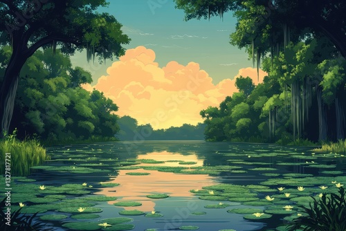 Serene Lakeside View with Reflected Sunset Amidst Dense Forest of Lush Greenery and Floating Lilypads Underneath a Tranquil Sky