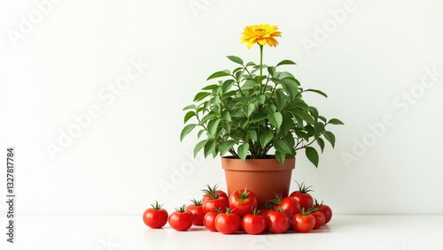 Fresh homegrown tomato plant with tomatoes. Idea of abundant harvest.