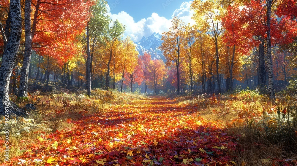 Sunlit autumn path through vibrant forest. Sunlit autumn path through vibrant forest.