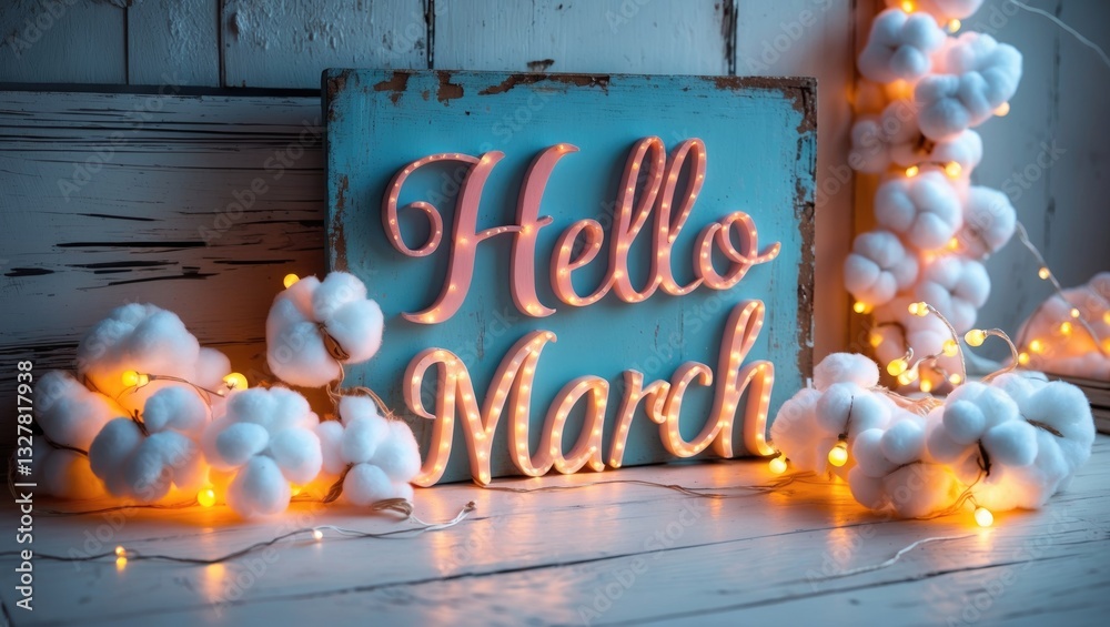 Hello text message illuminated with LED cotton ball decor on wooden backdrop.
