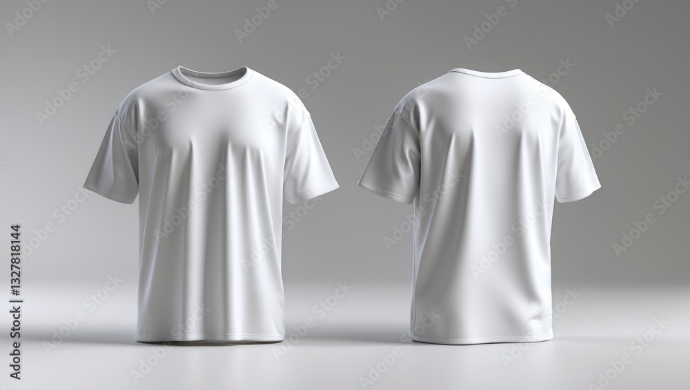 Blank white oversized t-shirt mockup, displayed from the front and back, rendered in 3D. Empty large textile t-shirt with sleeve mock-up, isolated. Clear cotton crew neck model designed for uniform...