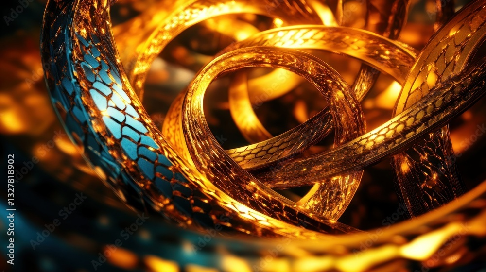 Twisted golden and blue textured abstract ribbons create a vibrant display Twisted golden and blue textured abstract ribbons create a vibrant display