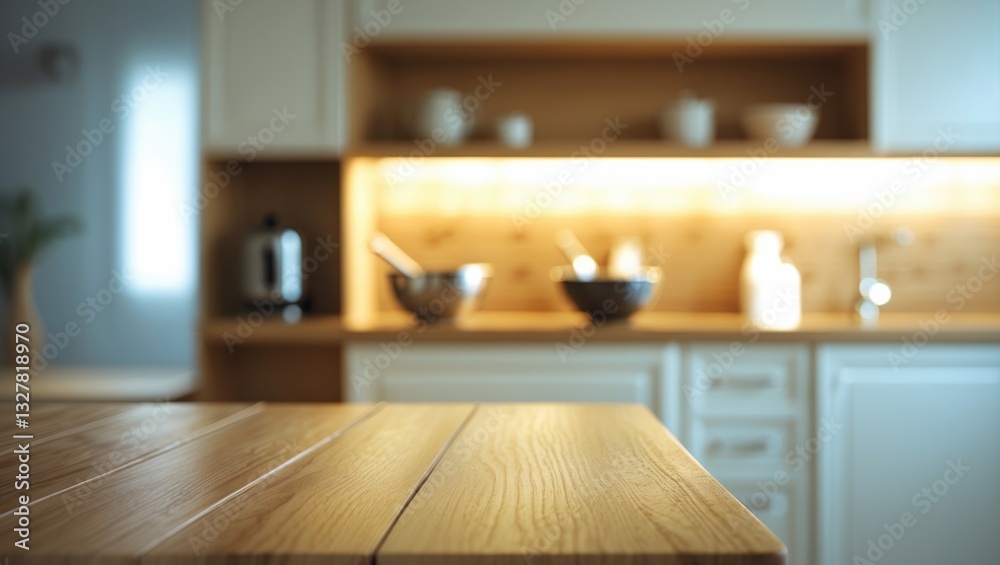 Empty wooden table or countertop corner with blurred modern kitchen background in white. Empty wooden table or countertop corner with blurred modern kitchen background in white.