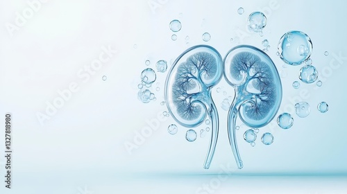 3D illustration of kidneys surrounded by water bubbles, symbolizing health and vitality in a clean, modern design.