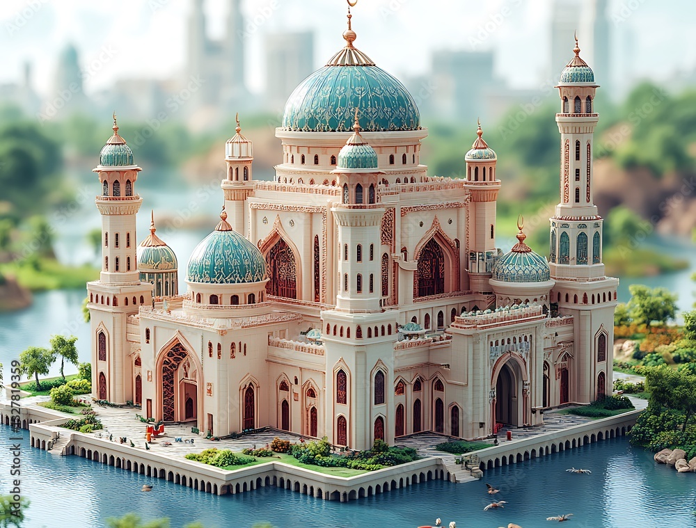 Obraz premium Miniature Palace with Turquoise Domes and Intricate Architecture in a Serene Landscape