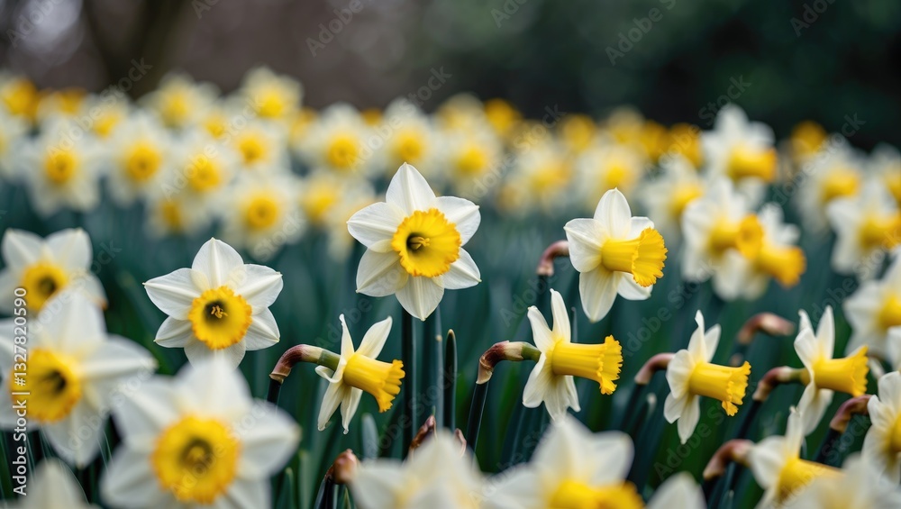 Fototapeta premium Flowering daffodils in sharp focus in the foreground with a blurred dark background.