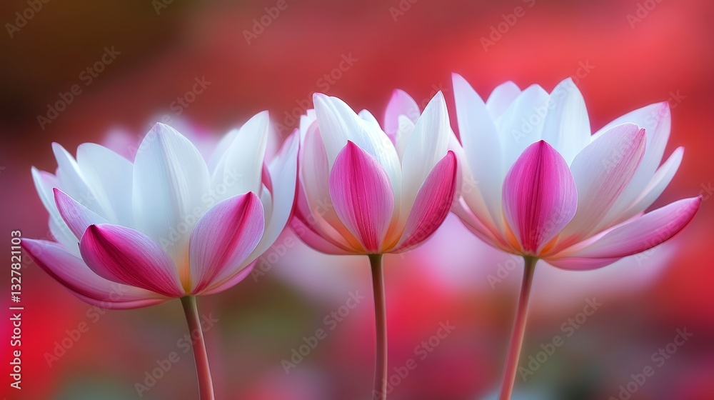 Fototapeta premium Vibrant lotus flower in a serene pond, surrounded by soft bokeh of colorful flora