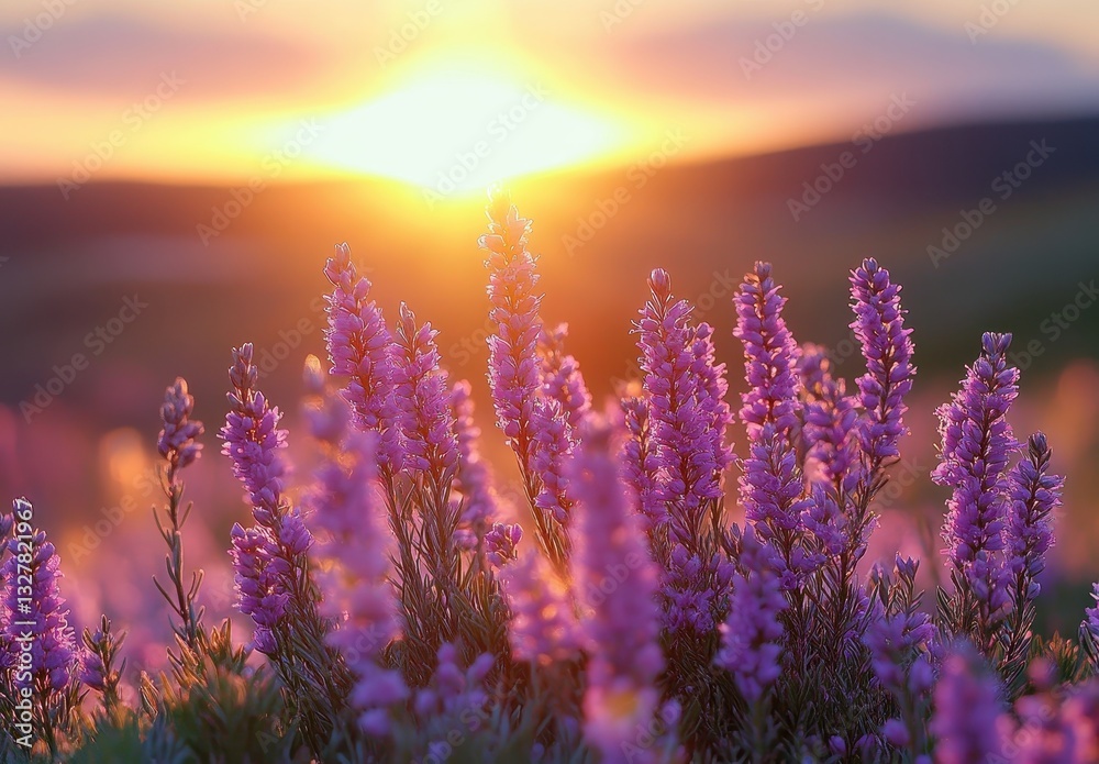 Fototapeta premium Beautiful Lavender Flowers Blooms at Sunset with Warm Sunlight Glowing Over Scenic Nature Landscape in Soft Focus Background