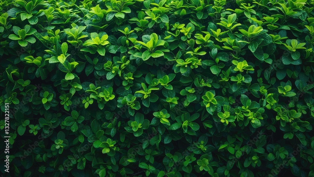 Obraz premium Lush hedge of green shrubs with fresh leaves for a textured background. Close-up of vibrant vegetation in a horizontal format.