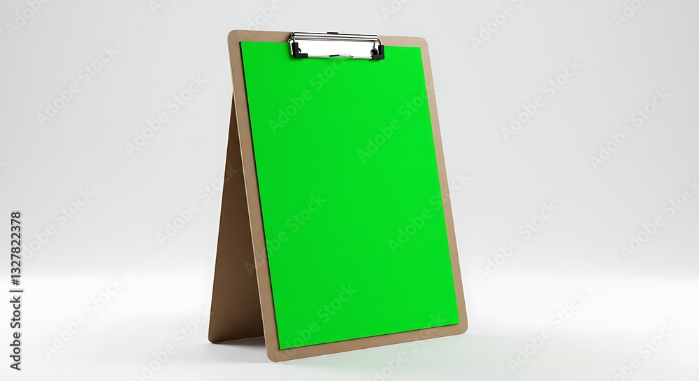 Clipboard with bright green paper on clean white background simple design Clipboard with bright green paper on clean white background simple design
