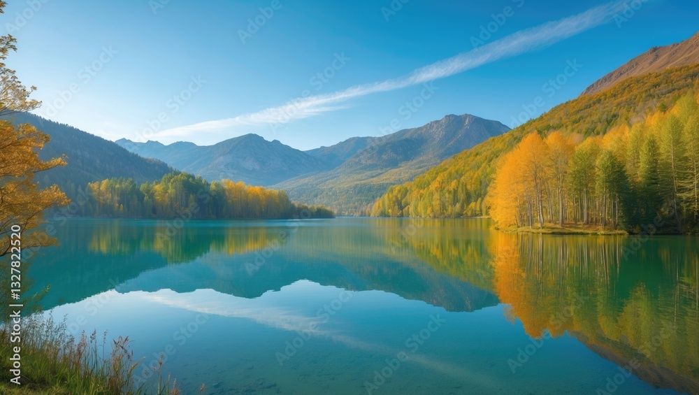 Stunning view of alpine lake featuring crystal clear green water and a pristine blue sky. Panoramic perspective of the picturesque mountain landscape with lake. Stunning view of alpine lake featuring crystal clear green water and a pristine blue sky. Panoramic perspective of the picturesque mountain landscape with lake.