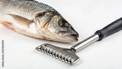Fish scaler and fish on white background