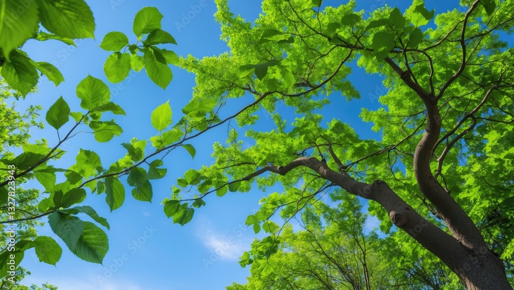 Fototapeta premium Green tree leaves against a white background in a garden with a clear sky. Fresh air along with nature and ozone, springtime.