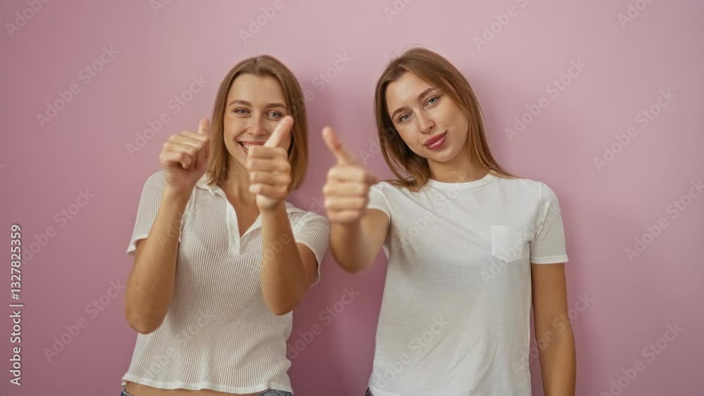 Women posing together showing thumbs up against a pink background showcasing sisterly love and happiness. Women posing together showing thumbs up against a pink background showcasing sisterly love and happiness.