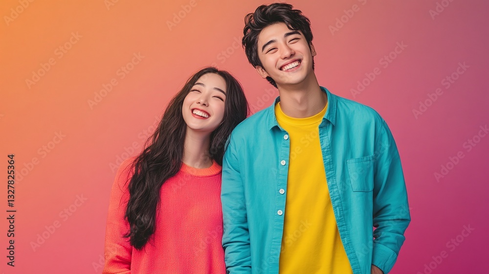 Fototapeta premium A fresh and modern AAPI Heritage Month banner with a young couple in bright colors, symbolizing joy and cultural celebration