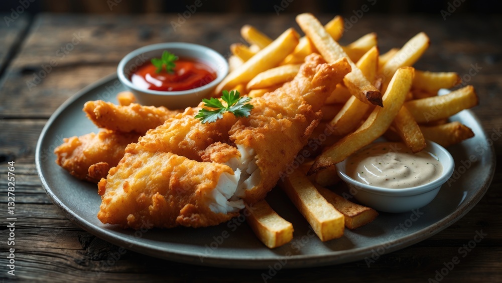 Crispy battered fish served with deep-fried potato chips, a popular takeaway meal known as Fish and Chips. Crispy battered fish served with deep-fried potato chips, a popular takeaway meal known as Fish and Chips.