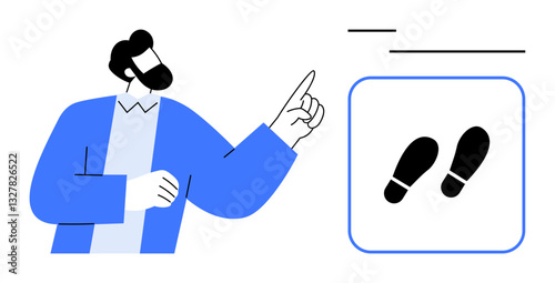 Confident man pointing at footsteps in square frame, emphasizing instruction. Ideal for leadership, guidance, planning, strategy, education, step-by-step process decision-making. Flat simple