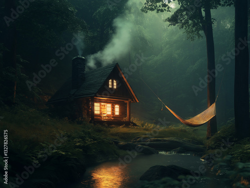 Gemütliche Blockhütte am Fluss, umgeben von Bäumen im Abendlicht

 photo