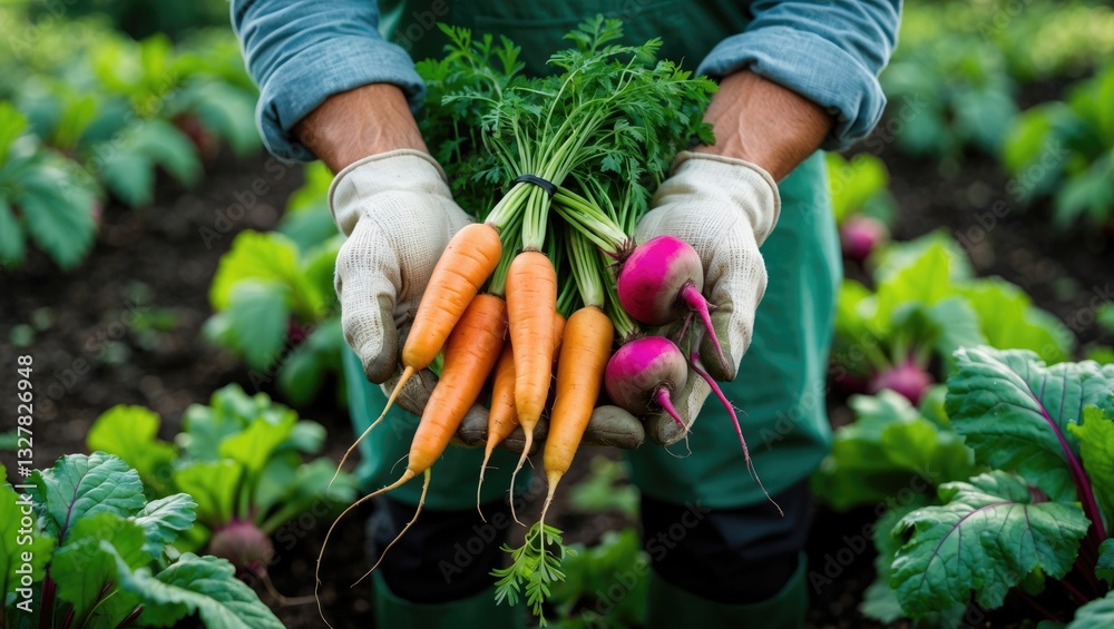 Fototapeta premium Farmer hands wearing gloves presenting a bunch of vegetables from the garden. Harvesting organic fresh produce.