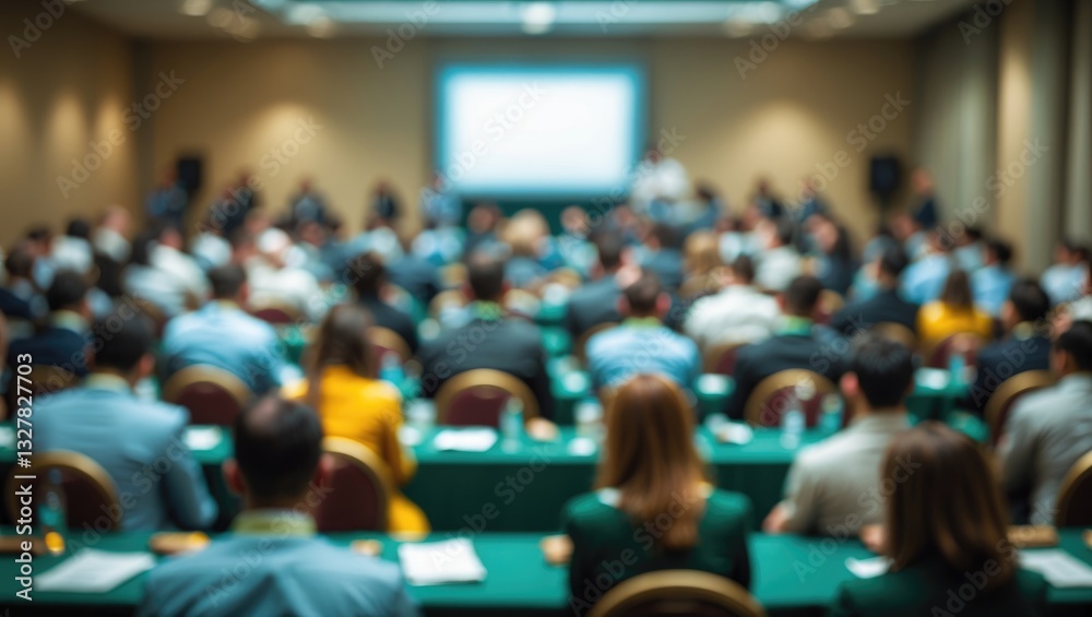 Fototapeta premium Blurred individuals attending a business seminar in the background.