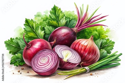 Hand-Drawn Fresh Vegetables: Onions, Beetroot, Parsley Illustration - Vibrant Food Art