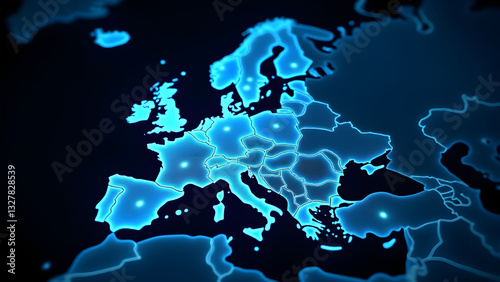A detailed digital map of Europe with glowing lines and nodes representing connectivity. The high-tech design emphasizes advanced technology and global communication across the continent.