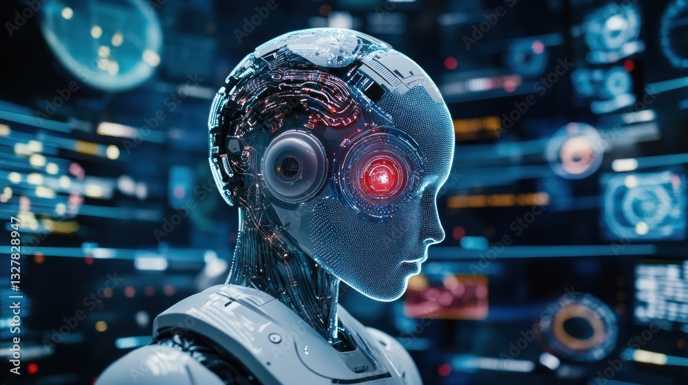 Futuristic humanoid robot with digital interface background Futuristic humanoid robot with digital interface background