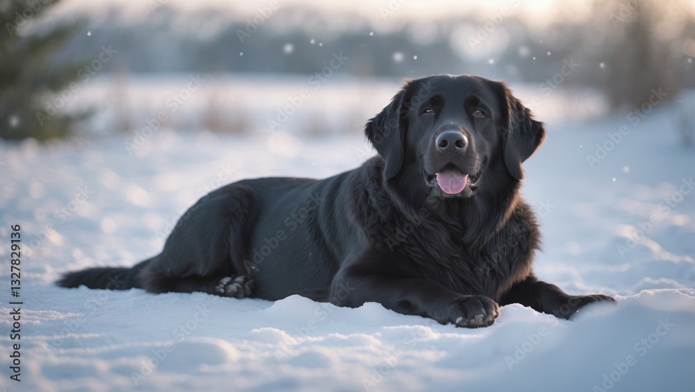 Black flat coated retriever resting in the snow. Black flat coated retriever resting in the snow.